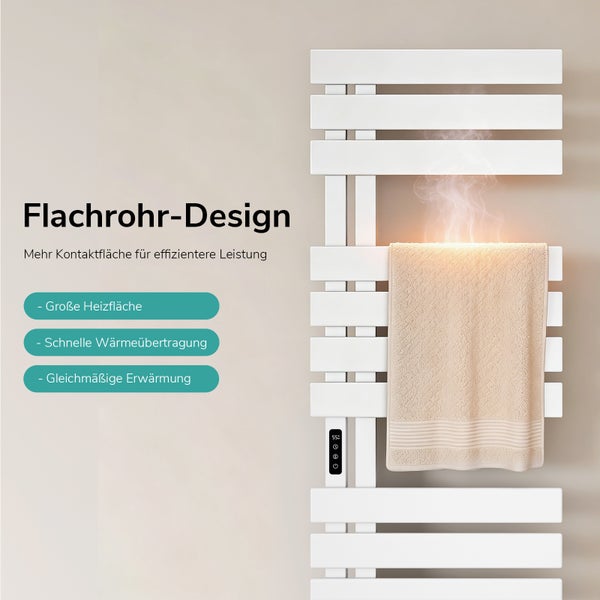 Handtuchheizkörper mit Flachrohr-Design für große Heizfläche, schnelle Wärmeübertragung und gleichmäßige Erwärmung mit digitalem Display.