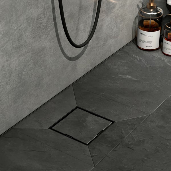 EMKE Duschrinne Quadratischer Bodenablauf 2 in 1 Komplettset Edelstahl Duschrinne mit Bodenablaufabdeckung,Geruchsstop und Haarsieb Randablauf Schwarz