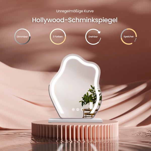 EMKE Hollywood-Spiegel mit Beleuchtung – 3 dimmbare Lichtfarben, 360° drehbarer Schminkspiegel mit Touch-Funktion, asymmetrisches Design, 60x45 cm , Weißer Rahmen