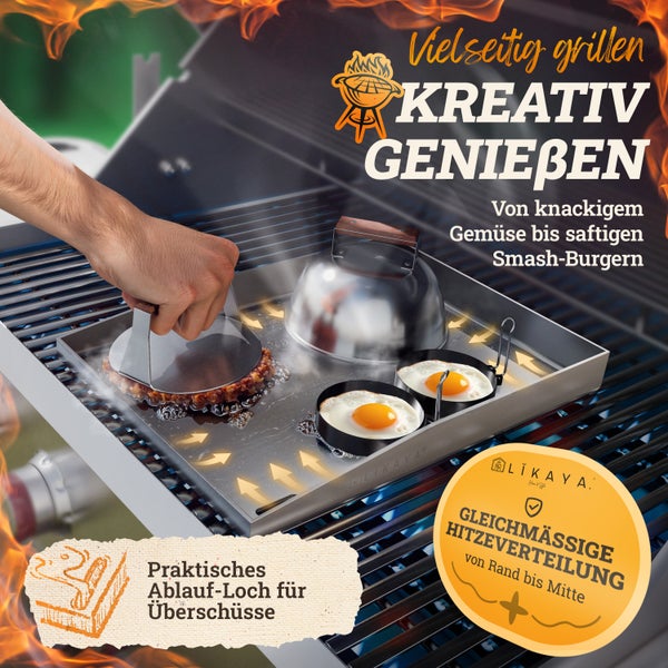 LIKAYA Plancha Edelstahl Grillplatte [40x40cm] – Verzugsfreier 4mm Edelstahl inkl 2x Grillspachtel mit FSC-Akazienholzgriff – Perfekt für Smash Burger, Gemüse & mehr!