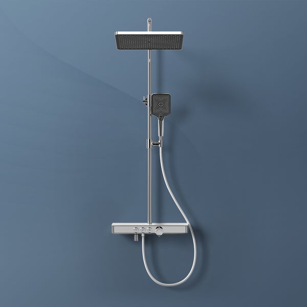 EMKE Duschsystem mit Thermostat 38 °C, 3 Strahlart(en), Überkopfbrause, Handbrause mit 3 Funktionen, unterer Wasserauslass, Verbrühungsschutz, Wandmontage, 114,6 × 45 × 48 cm, Chrom