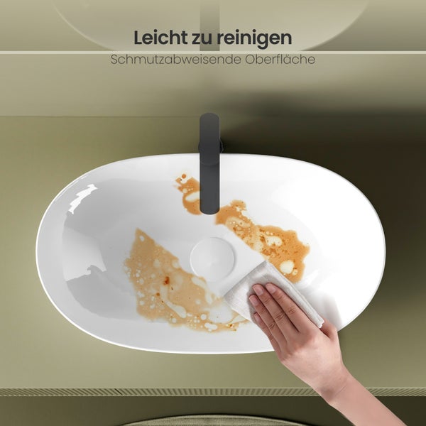 EMKE Aufsatzwaschbecken 615 × 360 mm, Oval, Keramik Waschbecken ohne Hahnloch, Weiß, für Badezimmer, Höhe: 155 mm, Modernes Design, Kratzfest, Fleckenresistent, Pflegeleicht