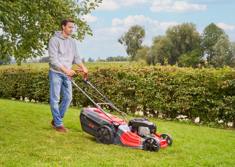 Ein Mann mäht den Rasen mit einem Benzin Rasenmäher von AL KO in einem Garten vor einer Hecke.
