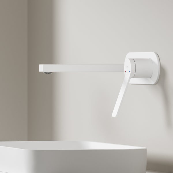 EMKE Wasserhahn Bad Unterputz, Waschtischarmatur Unterputz aus Kupfer, 2-Loch Wandarmatur, Weiß, 288×210×70 mm, für Badezimmer Waschbecken