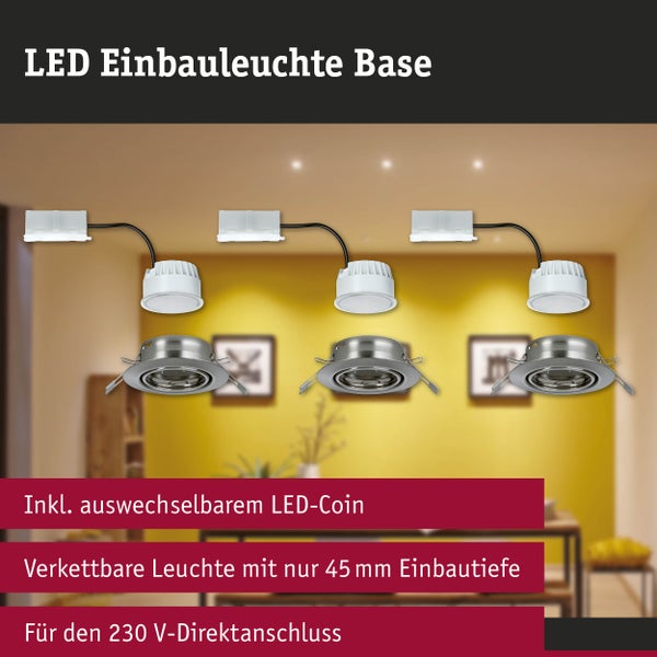 Drei LED-Einbauleuchten Base inklusive auswechselbarem LED-Coin, 45 Millimeter Einbautiefe und Anschlussbox für 230 Volt Direktanschluss.