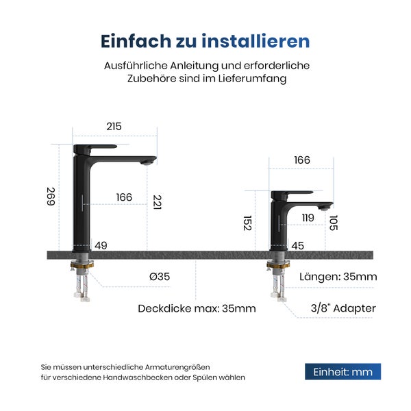 EMKE Badezimmerarmatur, Waschtischmischer, Haushaltswasserhahn, Waschtischarmatur für Aufsatzwaschbecken, Kurz Waschtischarmatur Messing Mischbatterie, Schwarz, L166 x H 152mm