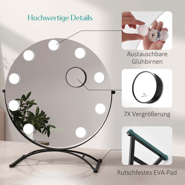 EMKE Hollywood Schminkspiegel Ø50 cm, LED-Tischspiegel mit 11 dimmbaren Leuchtmitteln, Touch-Funktion, 3 Lichtfarben, 7x Vergrößerung, Memory-Funktion, 360° drehbar, bohrfrei, Schwarz, für Schminktisch & Schlafzimmer