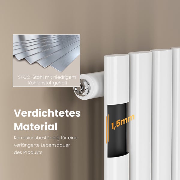 Detailaufnahme eines weißen Röhrenheizkörpers mit 1,5 mm Wandstärke aus korrosionsbeständigem SPCC Stahl mit niedrigem Kohlenstoffgehalt