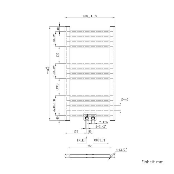 EMKE Badheizkörper 750x400 mm Handtuchheizkörper Horizontal Heizkörper Röhrenheizkörper , Handtuchwärmer Mittelanschluss sehr angenehme Strahlungswärme Anthrazit 244W