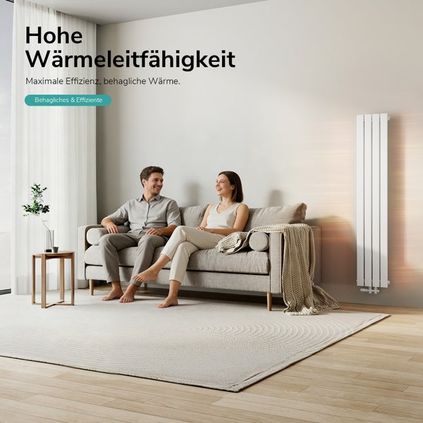 Wohnraum mit Sofa, Heizkörper und Paar