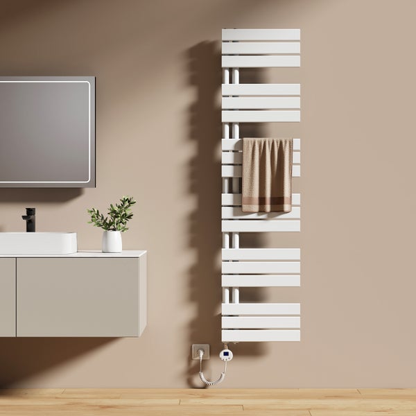 EMKE Elektrischer Designheizkörper 159x40 cm, Flachheizkörper mit Thermostat & Timer, Handtuchwärmer, seitlich offen, vertikal, 800 W, Weiß, für Badezimmer geeignet