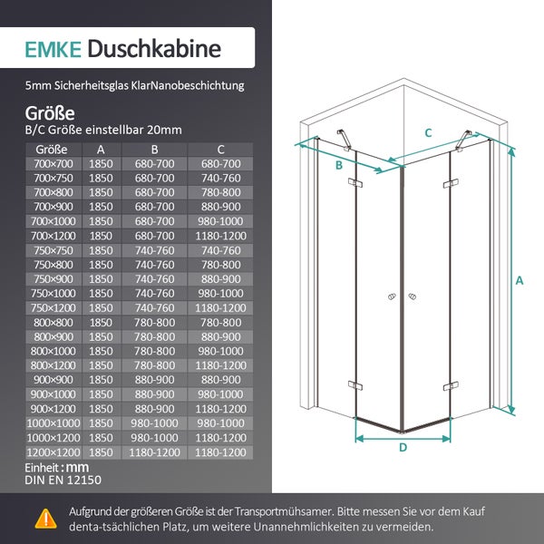 EMKE Duschkabine Eckeinstieg Dusche Duschabtrennung mit 5 mm NANO-Glas, 90x100cm, 185cm Höhe