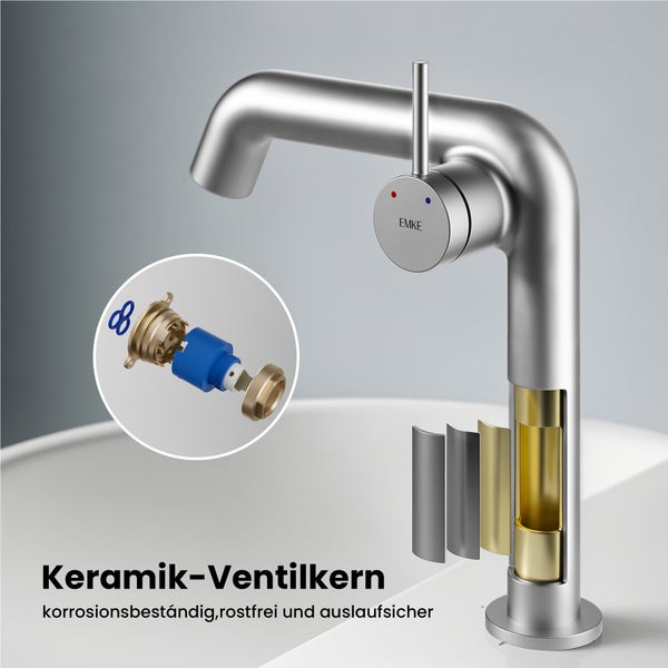 EMKE Einhebel-Waschtischarmatur, Badarmaturen, Waschbecken Armatur - Schweizer Design, Minimalistisches Design，G3/8, Wassersparend, Korrosionsschutz, Warm- & Kaltwasser, Bleifreies Messing, Pflegeleicht, Chrom
