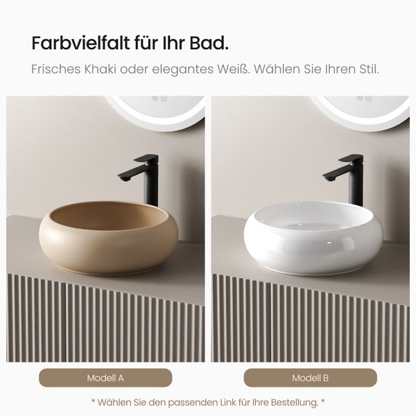 Zwei Badezimmerwaschbecken in Khaki und Weiß auf einem Waschtisch mit einer schwarzen Armatur und einem runden Spiegel