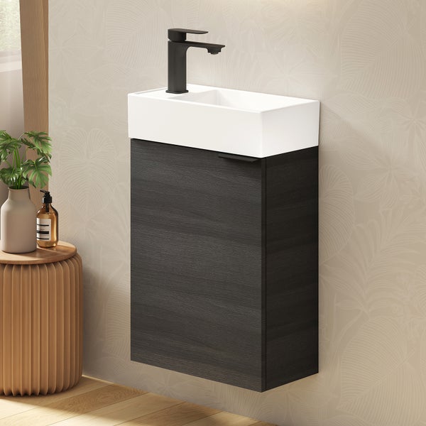 EMKE Waschbecken mit Unterschrank 417×240×646 mm, Waschtisch-Set mit Soft-Close, Türgriff, 2-fach verstellbarem Einlegeboden, Wandmontage, beidseitig montierbar,  Anthrazit