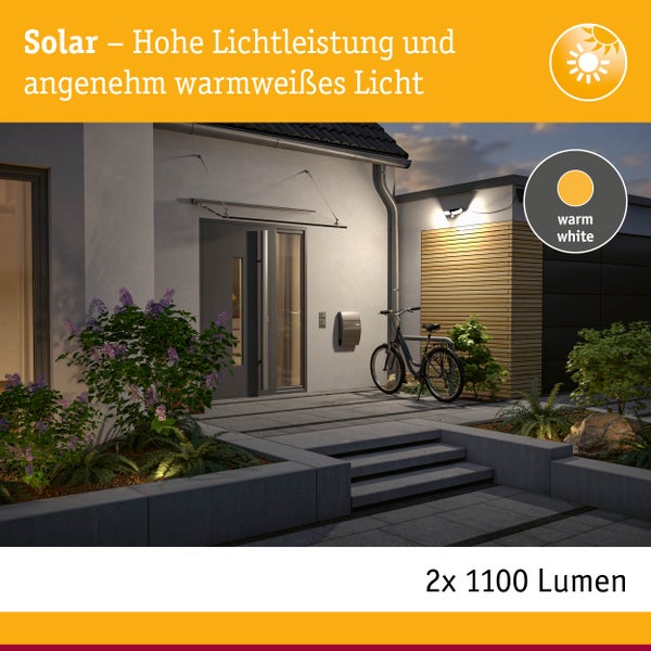 Solar LED Wandfluter Sonlig Dämmerungsgesteuerter Bewegungsmelder (IR) IP65 eckig 286x137mm 3000K 2x9W 2x1100lm 3,7V Anthrazit Kunststoff