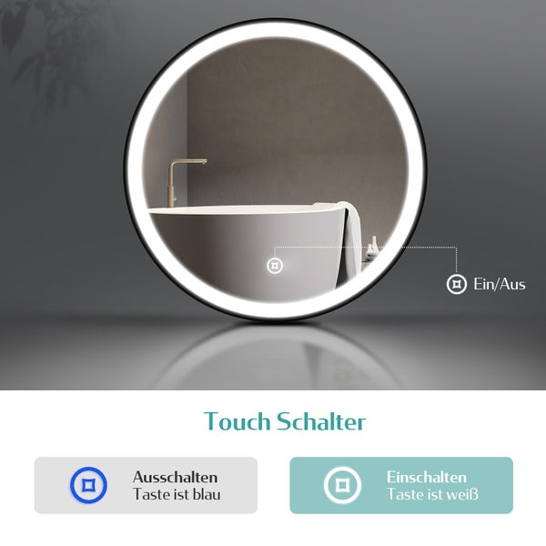 EMKE Badspiegel mit Beleuchtung Ø60 cm, Kaltweiß, Helligkeit einstellbar, Anti-Beschlag, Touchschalter, schwarzer Rahmen mit Deko-Aufhängung, IP44, Wandmontage, für Bad