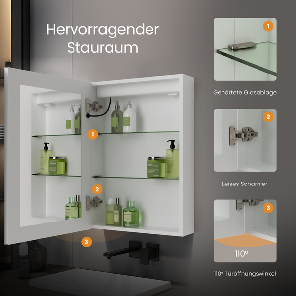 EMKE Badspiegelschrank mit LED Beleuchtung, Spiegelschrank mit Steckdose, 3 dimmbare Lichtfarben, Beschlagfrei, Weiß, 50 x 70 cm