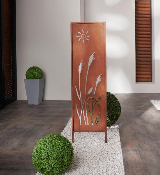 Dekoschild mit Schilf-Ausstanzungen, 117 cm hoch aus Metall in Rost Optik, Gartenpaneel, Gartenstecker, Gartendeko für Draußen