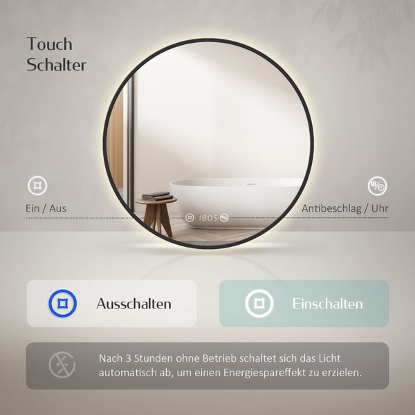 EMKE LED Badspiegel Ø60 cm, 4300K Neutrales Licht, Antibeschlag, Dimmbar, Schwarzer Rahmen, Uhr, Temperaturanzeige, für Badezimmer