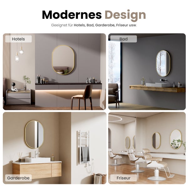 Collage mit Bad, Hotelzimmer, Ankleidezimmer und Friseursalon mit Spiegeln