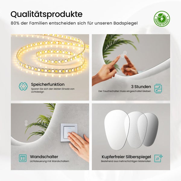 EMKE LED Badspiegel mit Beleuchtung 70x50 cm, dimmbar in 3 Lichtfarben, Anti-Beschlag, Touch-Schalter mit Memory-Funktion, IP44, horizontal & vertikal montierbar