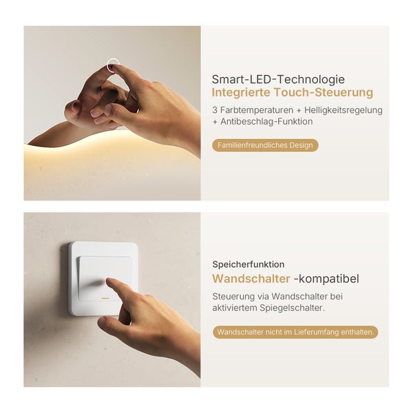EMKE LED Badspiegel 50 x 60 cm, asymmetrisches Design, Hintergrundbeleuchtung, 3 Farbtemperaturen, dimmbar, Anti-Beschlag, rostfreier Spiegel, flexibel montierbar, IP44, für Badezimmer & Schlafzimmer geeignet