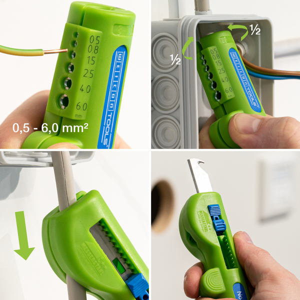 Mehrfachansicht einer grünen Abisolierzange und eines Kabelmessers in Gebrauch.