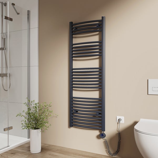 EMKE Elektrischer Badheizkörper 140x50 cm, Gebogener Handtuchwärmer mit Heizstab & Thermostat, 600W, Anthrazit, für Badezimmer geeignet