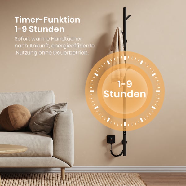 EMKE Elektrischer Handtuchheizkörper – 110 W, LED-Display, Intelligentes Thermostat, WiFi/APP-Steuerung, Timer, für Badezimmer und Flur, 150 cm hoch, Schwarz