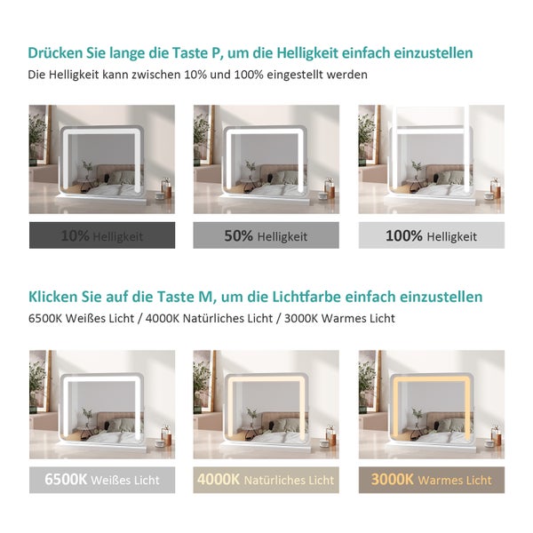 EMKE LED-Kosmetikspiegel 500x416mm, dimmbar mit 3 Lichtfarben, Touchschalter & Memory-Funktion, 360° drehbar, HD-Spiegelfläche, bohrfrei, Weiß