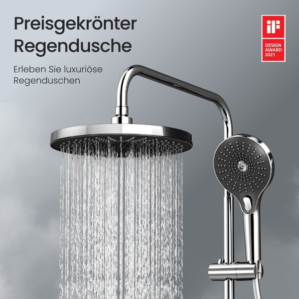 EMKE Duschsystem mit intelligentem Thermostat – Duschset mit 35 cm Thermostatplatte, Handbrause mit 3 Strahlarten, KTW-Zertifizierung, Chrom, kalkresistent