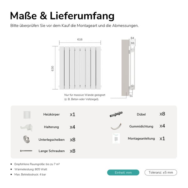 Maßzeichnung und Lieferumfang für einen Design Heizkörper mit 805 Watt Leistung inklusiv Montagezubehör für massive Wände in Millimeter.