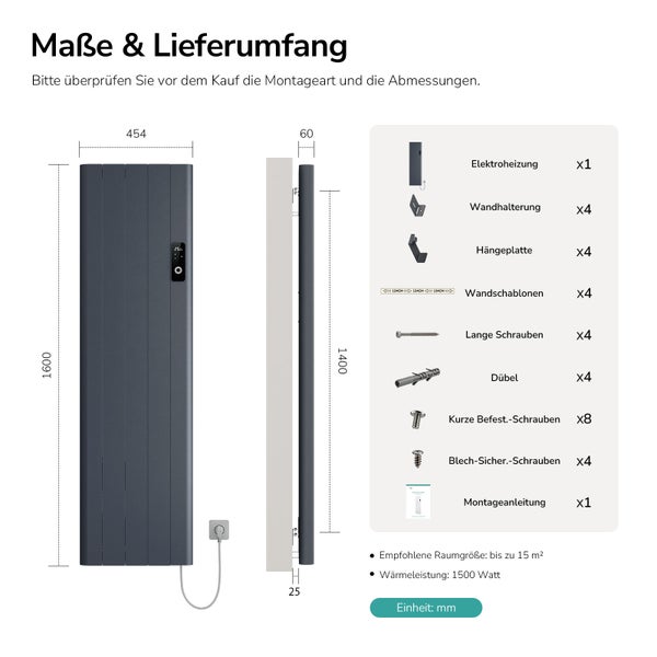 Technische Zeichnung der Elektroheizung mit Maßangaben in Millimeter und Auflistung des Lieferumfangs inklusive Wandhalterung und Montagematerial.