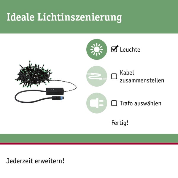 Lichtinszenierung mit Leuchte, Kabel und Trafo.