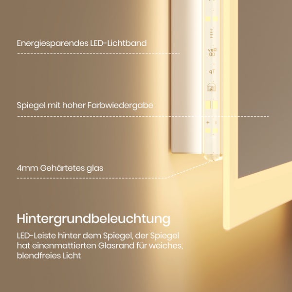 EMKE Badspiegel mit Beleuchtung  60 x 40cm,  LED-Spiegel mit Wandschalter, Warmweiß