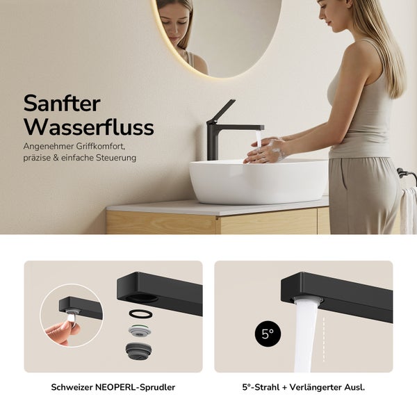 Schwarze Waschtischarmatur in hellem Bad bei Benutzung, inklusive Detailansichten zum Neoperl-Strahlregler und dem 5 Grad Strahlwinkel.