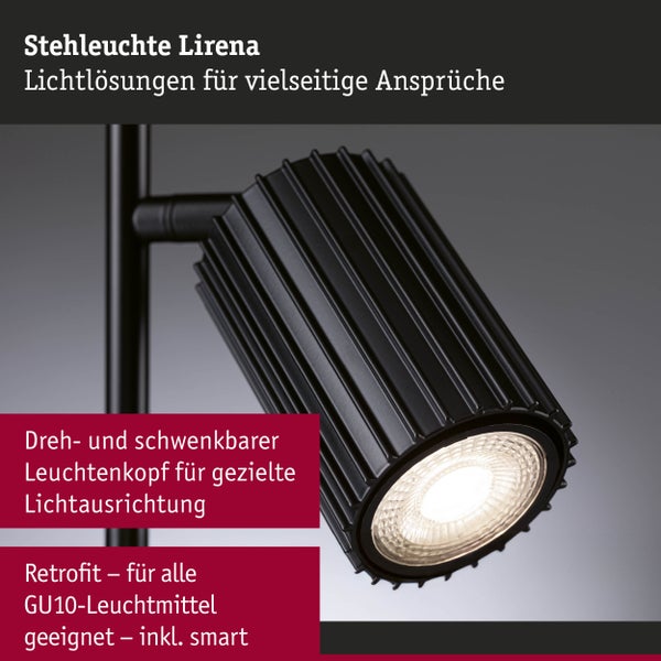 Schwarze Stehlampe Lirena mit schwenkbarem Leuchtenkopf zur Lichtausrichtung