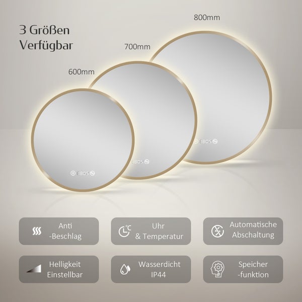 EMKE LED Badspiegel, ф70cm Gebürstetem Goldrahmen, Antibeschlage, Uhr, Temperatur, Dimmbar, Memory-Funktion Neutrales Licht