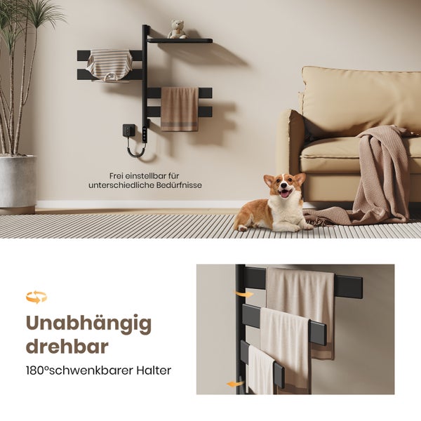 Schwarzer elektrischer Handtuchheizkörper mit schwenkbaren Armen und Ablage in einem Wohnzimmer, Arme um 180 Grad unabhängig drehbar.