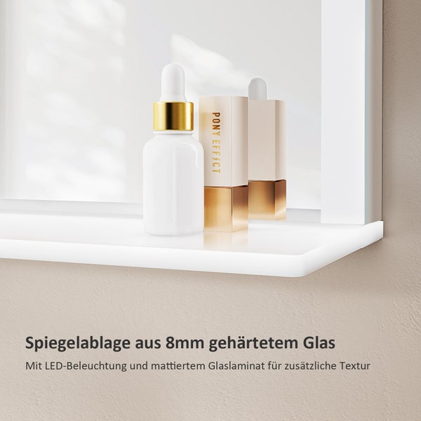 EMKE LED Badspiegel mit Ablage 80x60 cm, Kaltweiß, dimmbar, Touch-Schalter, Anti-Beschlag, mattierte Kanten, IP44, für Badezimmer geeignet