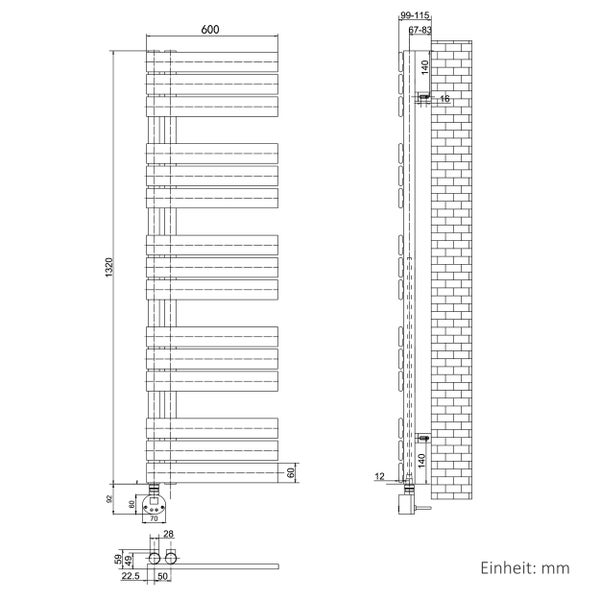 Technische Zeichnung eines Badheizkörpers mit Maßangaben