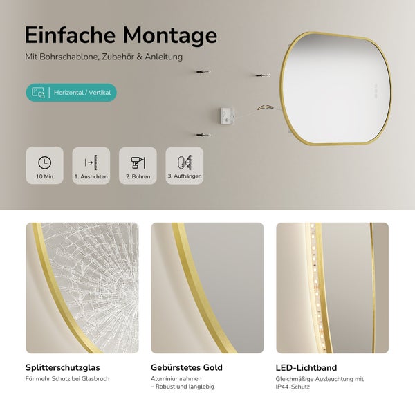Montageanleitung und Merkmale eines LED Wandspiegels mit Aluminiumrahmen, Splitterschutzglas und IP44 Schutzart für das Badezimmer.