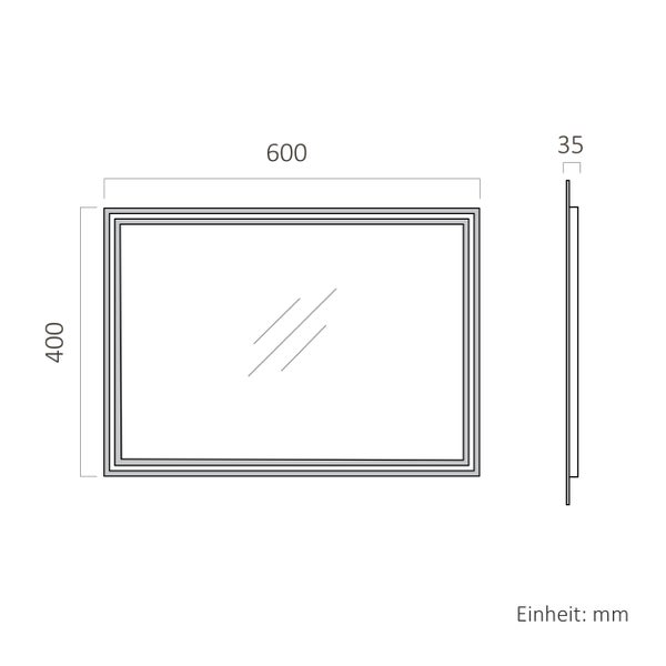 Maßzeichnung für einen Spiegel mit den Maßen 600 mal 400 mal 35 Millimeter.