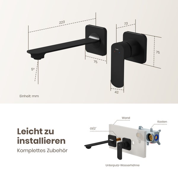 EMKE Wandarmatur, Edelstahl-Waschtischmischer, ergonomischer Einhebelmischer, geräuschreduzierend, Unterputz-Grundkörper,  Keramik-Ventilkern，Schwarz