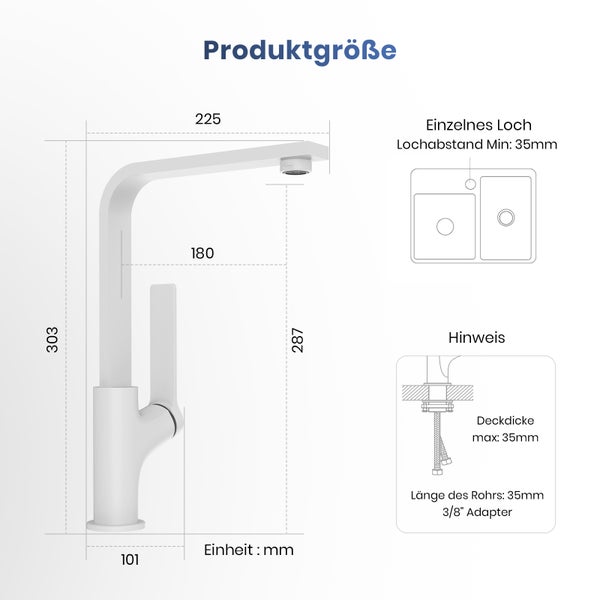 Technische Zeichnung einer Küchenarmatur mit Maßangaben in Millimeter für Höhe, Breite und Ausladung.