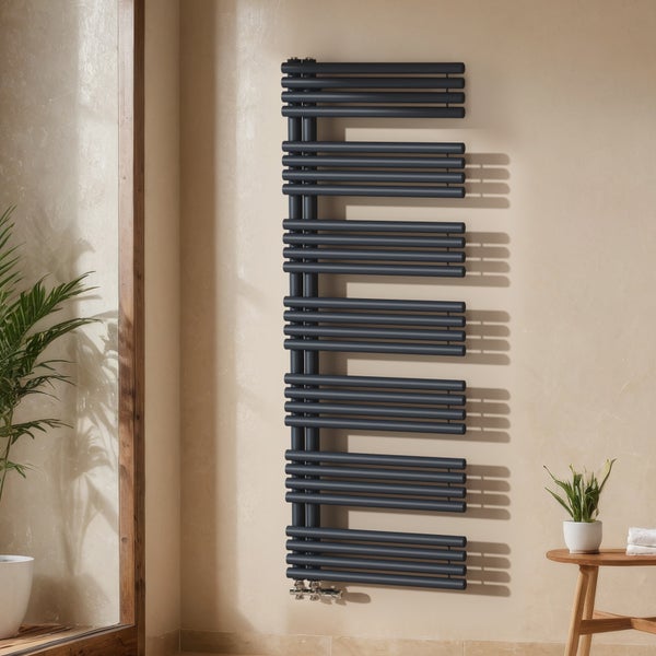EMKE Badheizkörper Rundrohr 1660×600 mm, Handtuchwärmer, Warmwasserheizung, Anthrazit, 1075W, Stahl, Wandmontage, für Badezimmer
