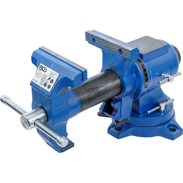 Blauer BGS Werkstatt-Schraubstock mit Drehfunktion und silberner Kurbel