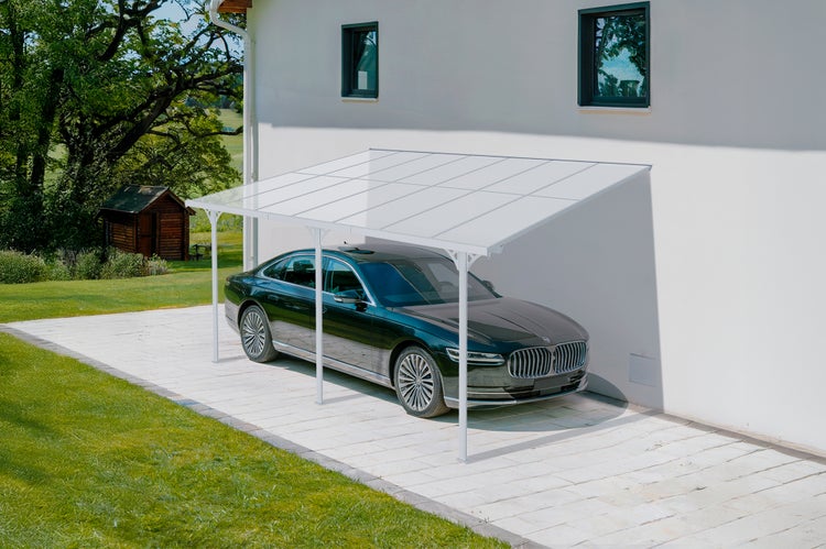 Terrassenüberdachung garten alu Weiß KLEO - Höhe verstellbar 435x300x225/270 cm - mit Polycarbonat Dach Weiß halbtransparent 6mm Auch Pergola/Carport