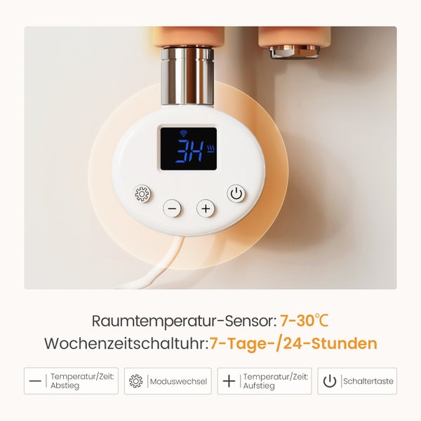 Nahaufnahme eines Heizkörperthermostats mit digitaler Anzeige